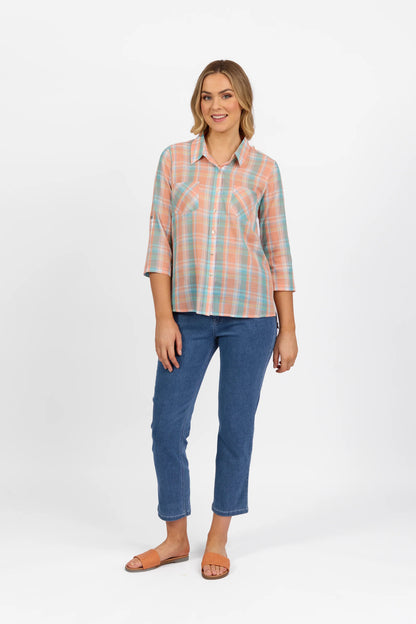 Vassalli Button Front Shirt Peach Check