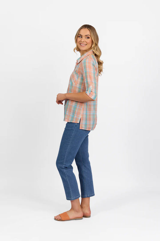 Vassalli Button Front Shirt Peach Check