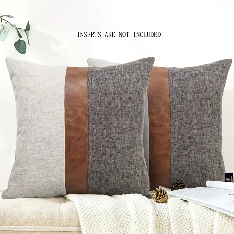 Striped Faux Leather and Linen Cushion Cover