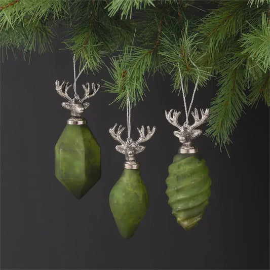 Green and Silver Glass Deer Heads